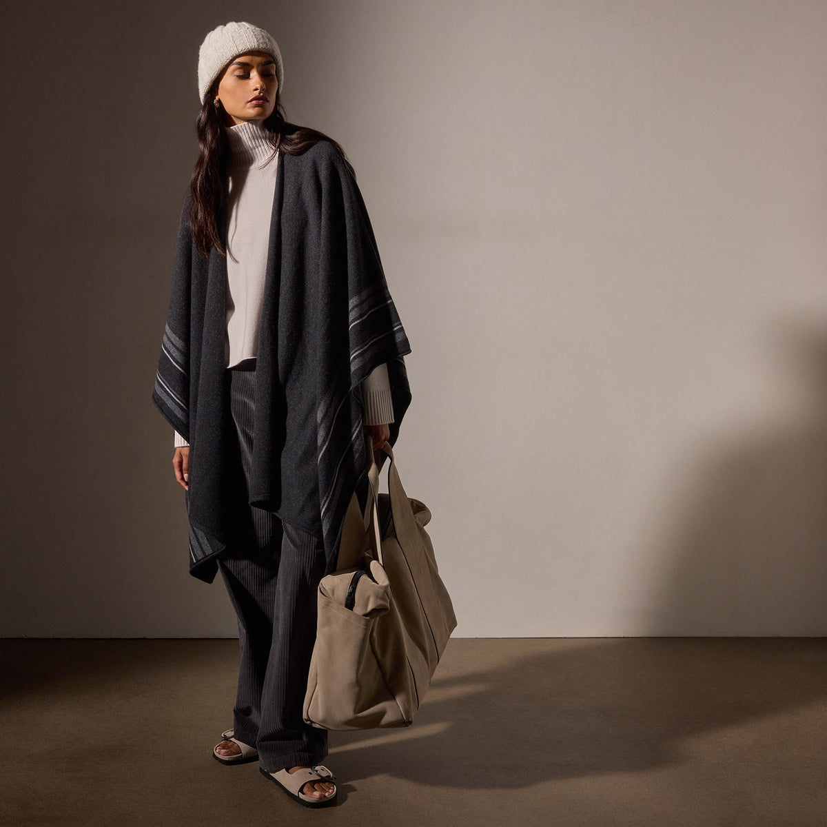Recycled Cashmere Striped Poncho in Coal | James Perse Los Angeles