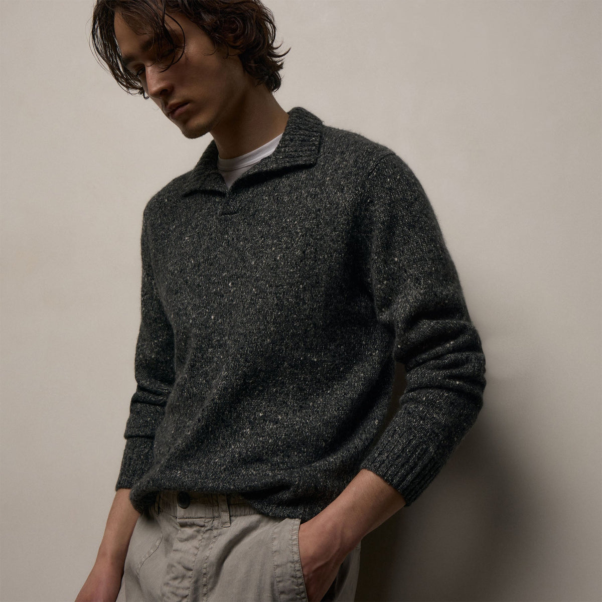 Marled Linen Long Sleeve Open Polo - Charcoal | James Perse