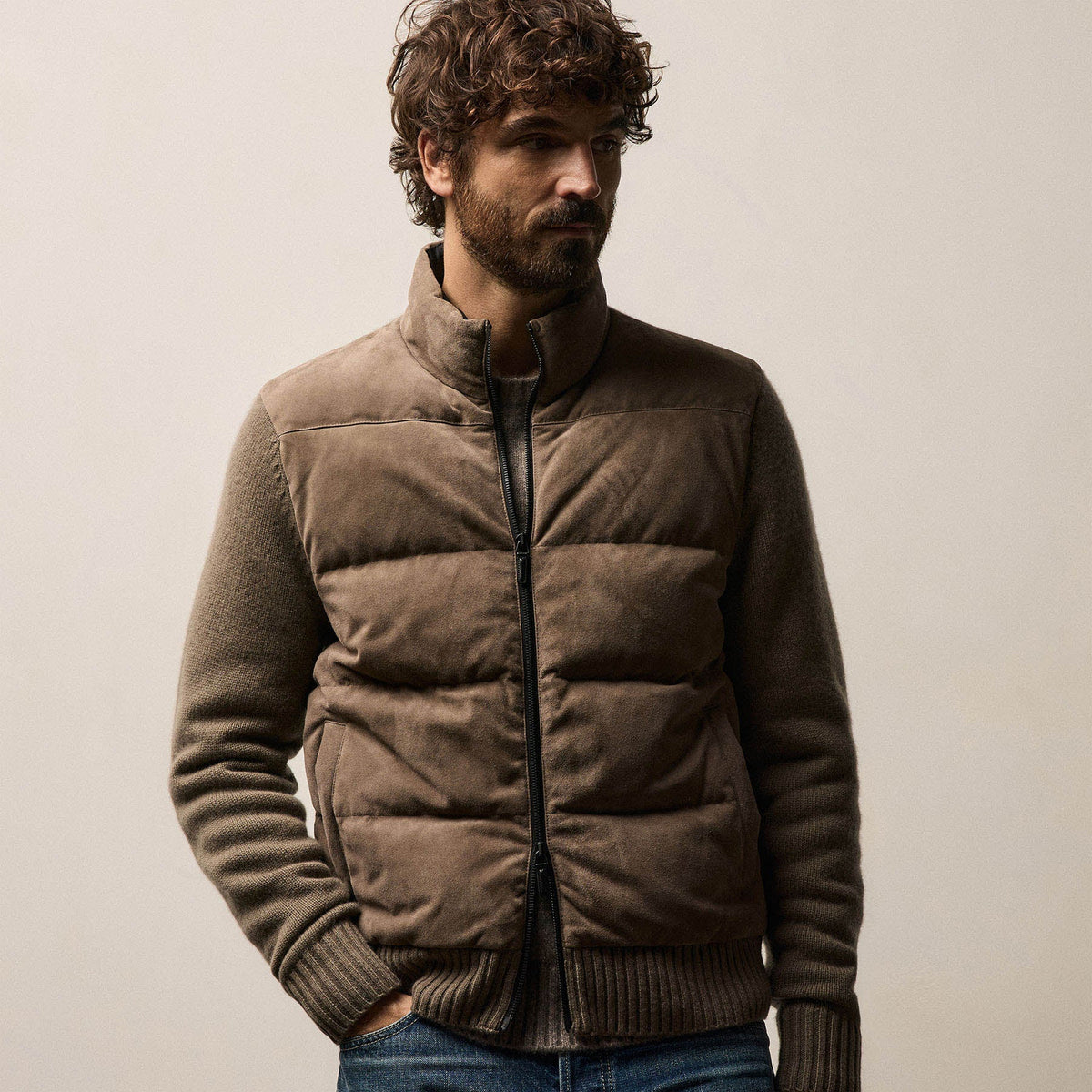 Suede Front Zip Up Sweater - Caribou | James Perse