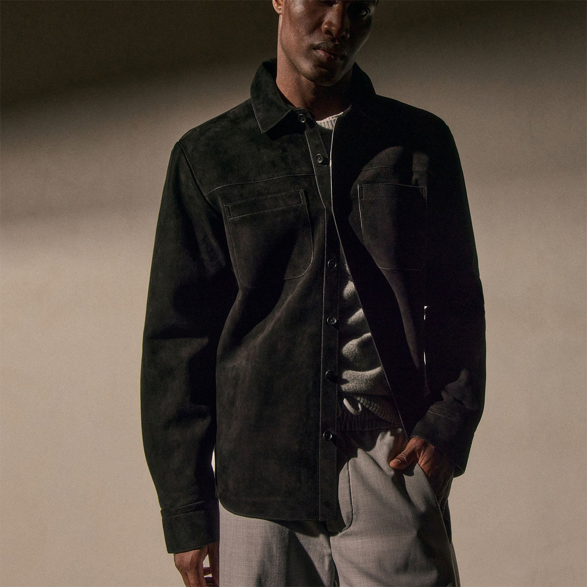 Suede Western Shirt In Black | James Perse Los Angeles