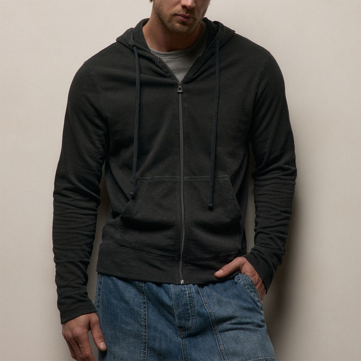 Vintage French Terry Zip Up Hoodie in Carbon Pigment | James Perse