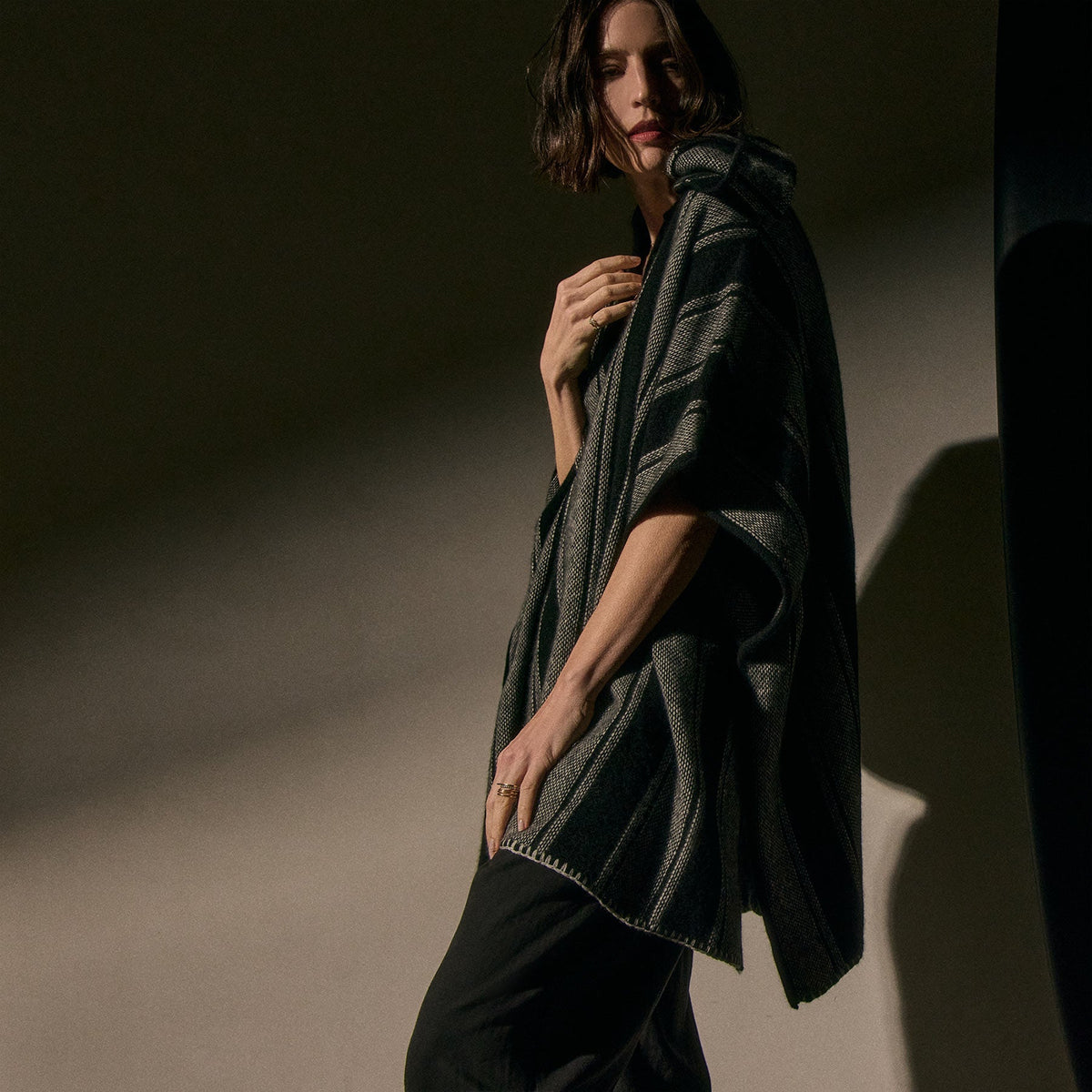 Baja Stripe Cashmere Poncho In Black Stripe | James Perse Los Angeles