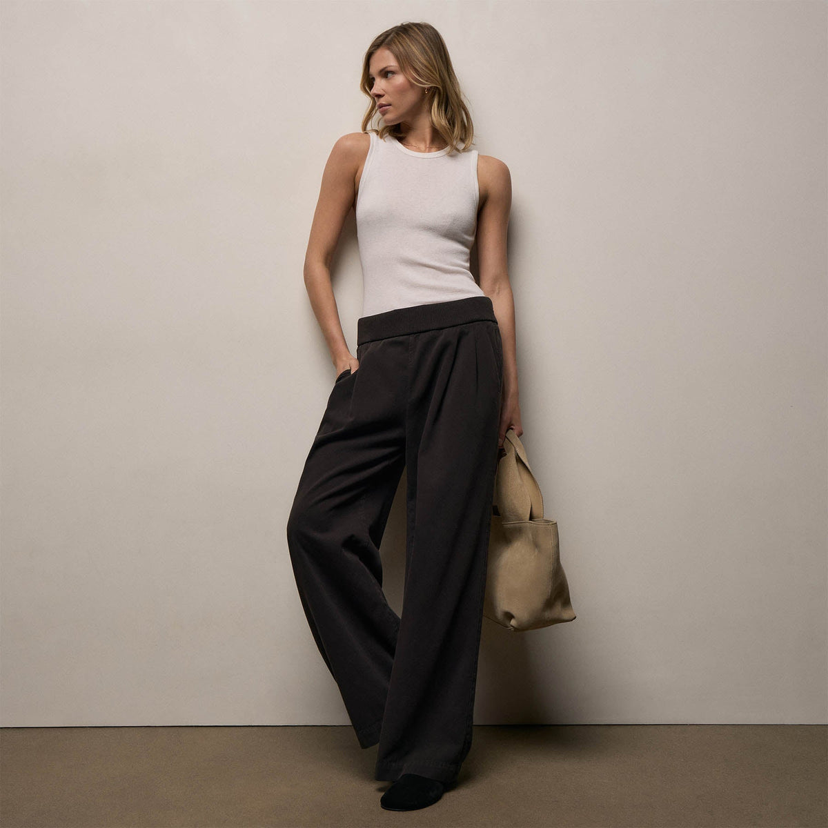 Ribbed Waist Wide Leg Pant - Black | James Perse