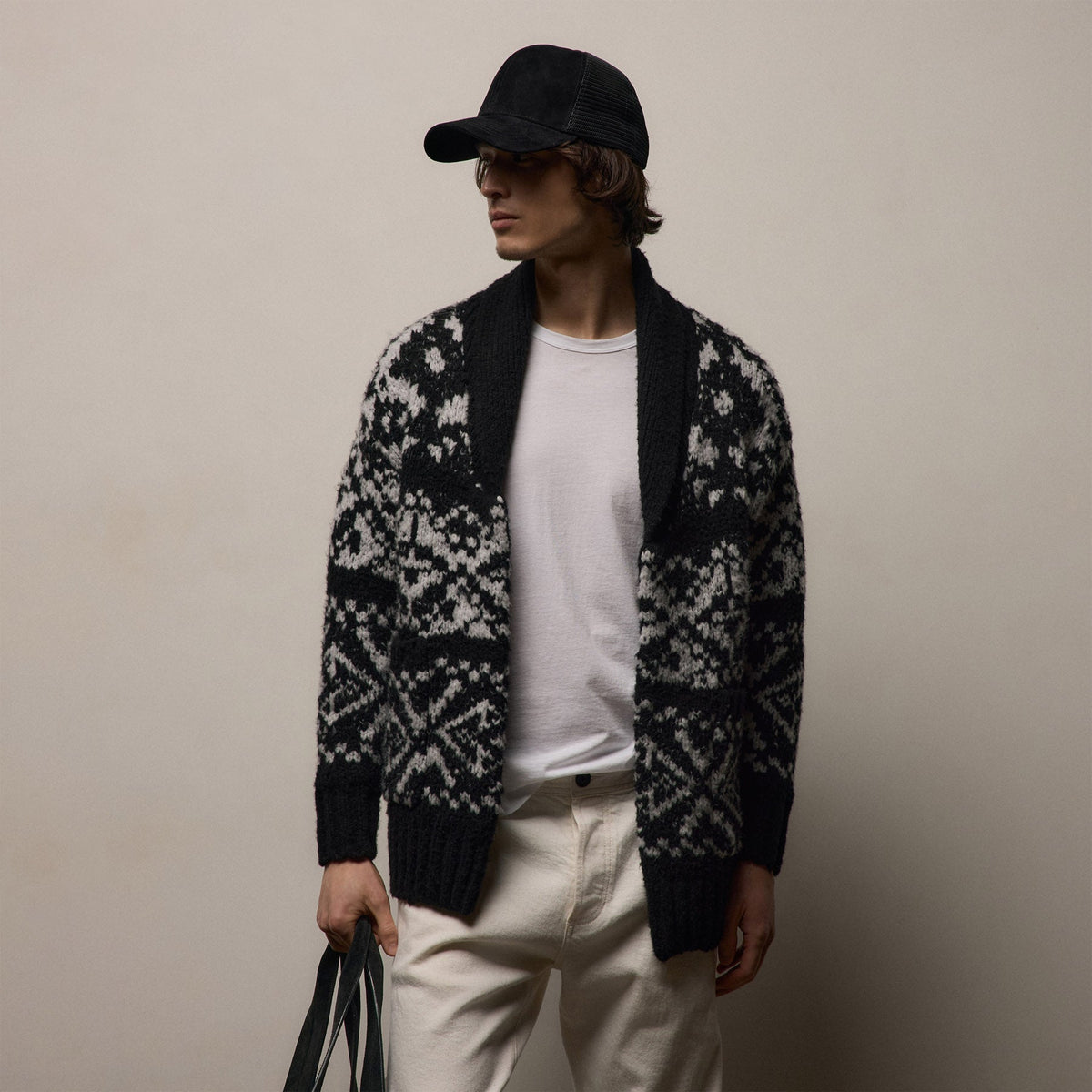 トップス 7G WOOL-BLEND INTARSIA MASSAGE CARDIGAN Chalet Intarsia Cardigan In Black/Heather Grey | James Perse Los