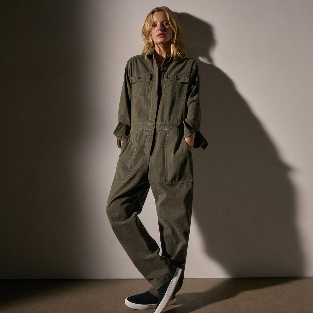 Stretch Herringbone Jumpsuit in Army Green Pigment | James Perse