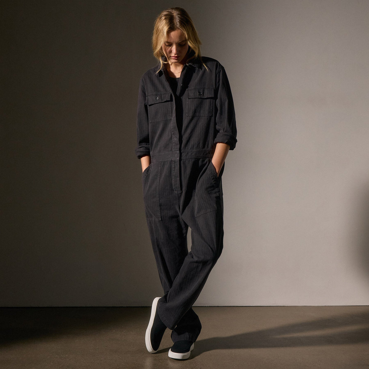 Stretch Herringbone Jumpsuit in Black | James Perse Los Angeles