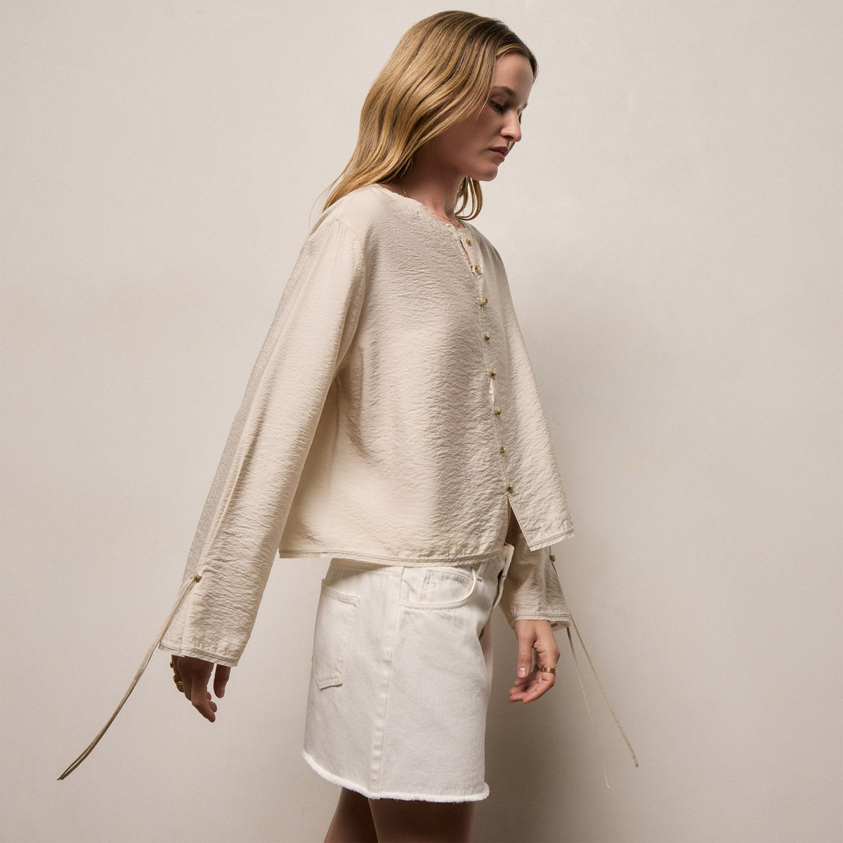 Modal Silk Blend Tie Up Blouse In Parchment | James Perse Los Angeles