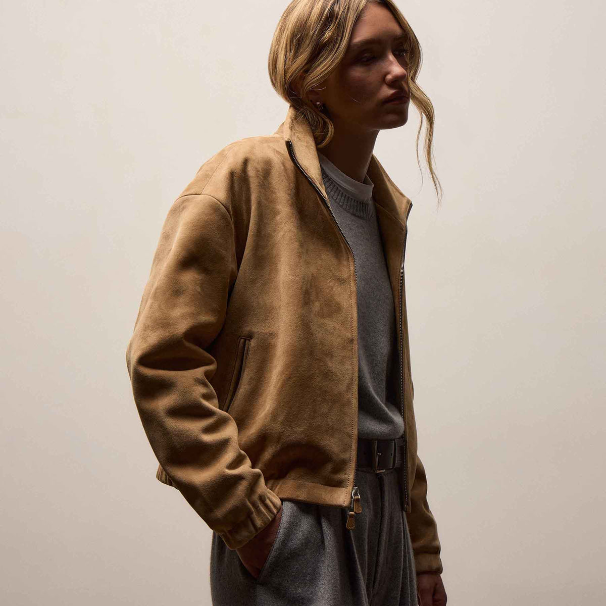 Suede Bomber Jacket In Sand | James Perse Los Angeles