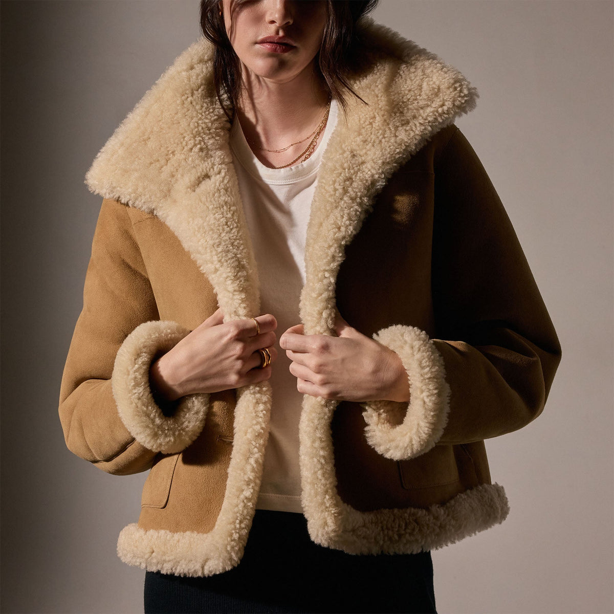 Cropped Shearling Jacket in Caramel | James Perse Los Angeles