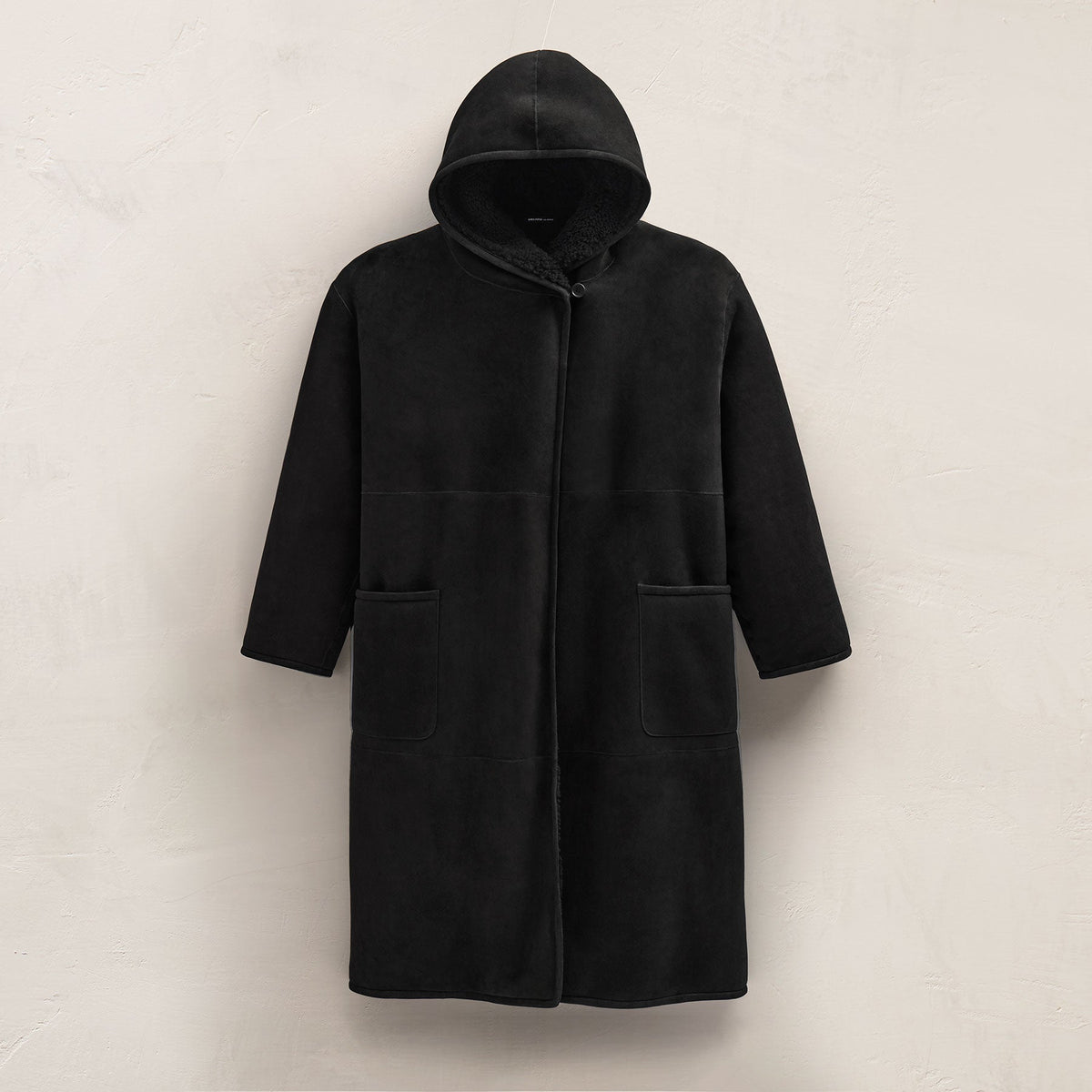 Long Suede Shearling Hooded Coat In Black | James Perse Los Angeles
