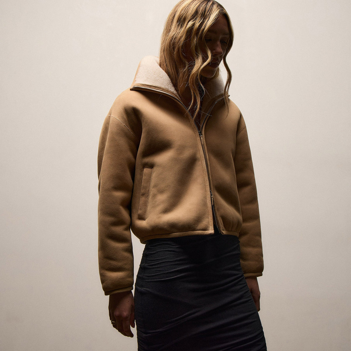 Suede Shearling Jacket In Light Caramel | James Perse Los Angeles