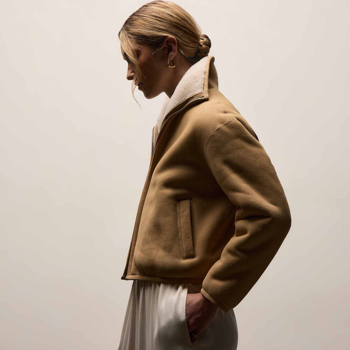 Suede Shearling Jacket In Light Caramel | James Perse Los Angeles