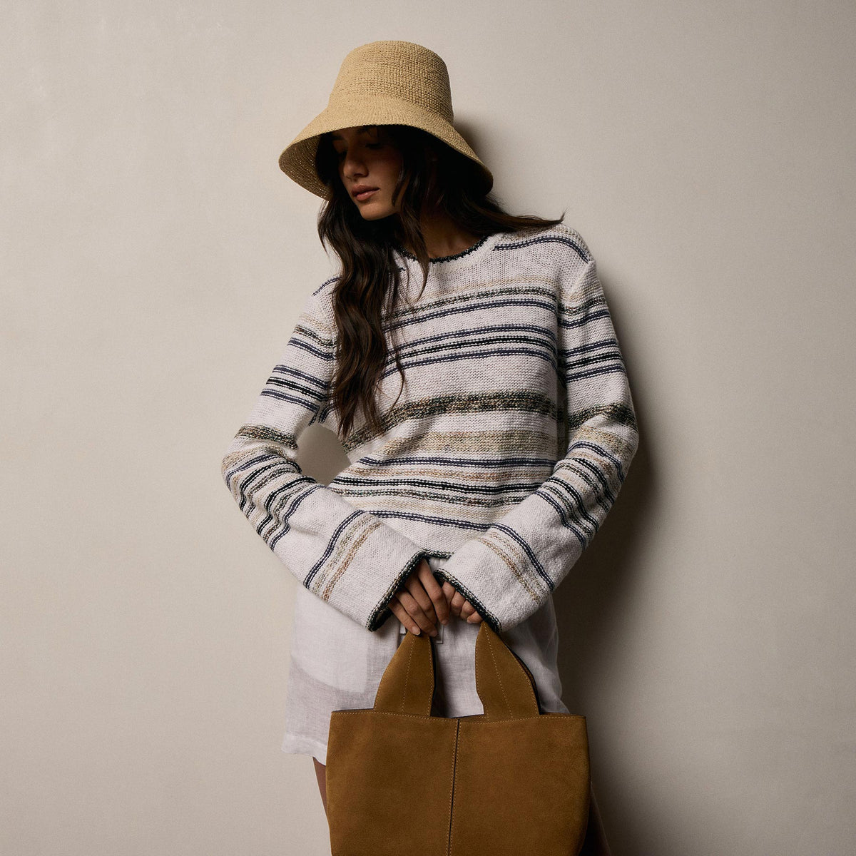 ニット/セーター Kastane - bicolor accent rib knit ops(khaki brown) Grey Cape Multi Stripe Sweater In Neutral Multi Stripe | James