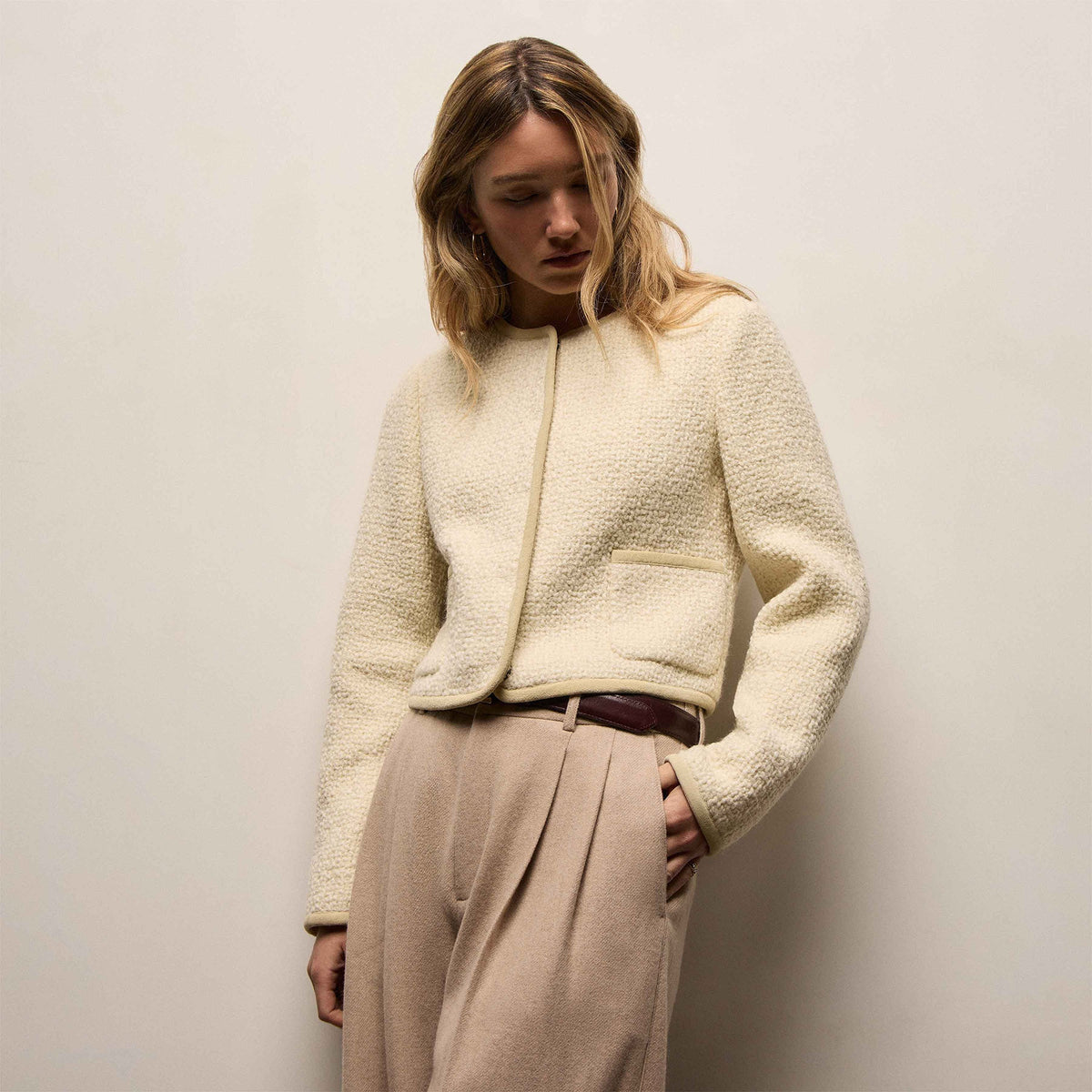 Wool Boucle Button Front Jacket In Ivory | James Perse Los Angeles