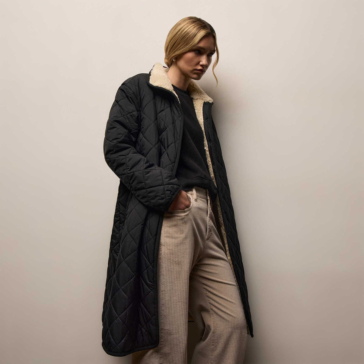 Quilted Nylon Lined Long Coat In Black/Ivory | James Perse Los Angeles