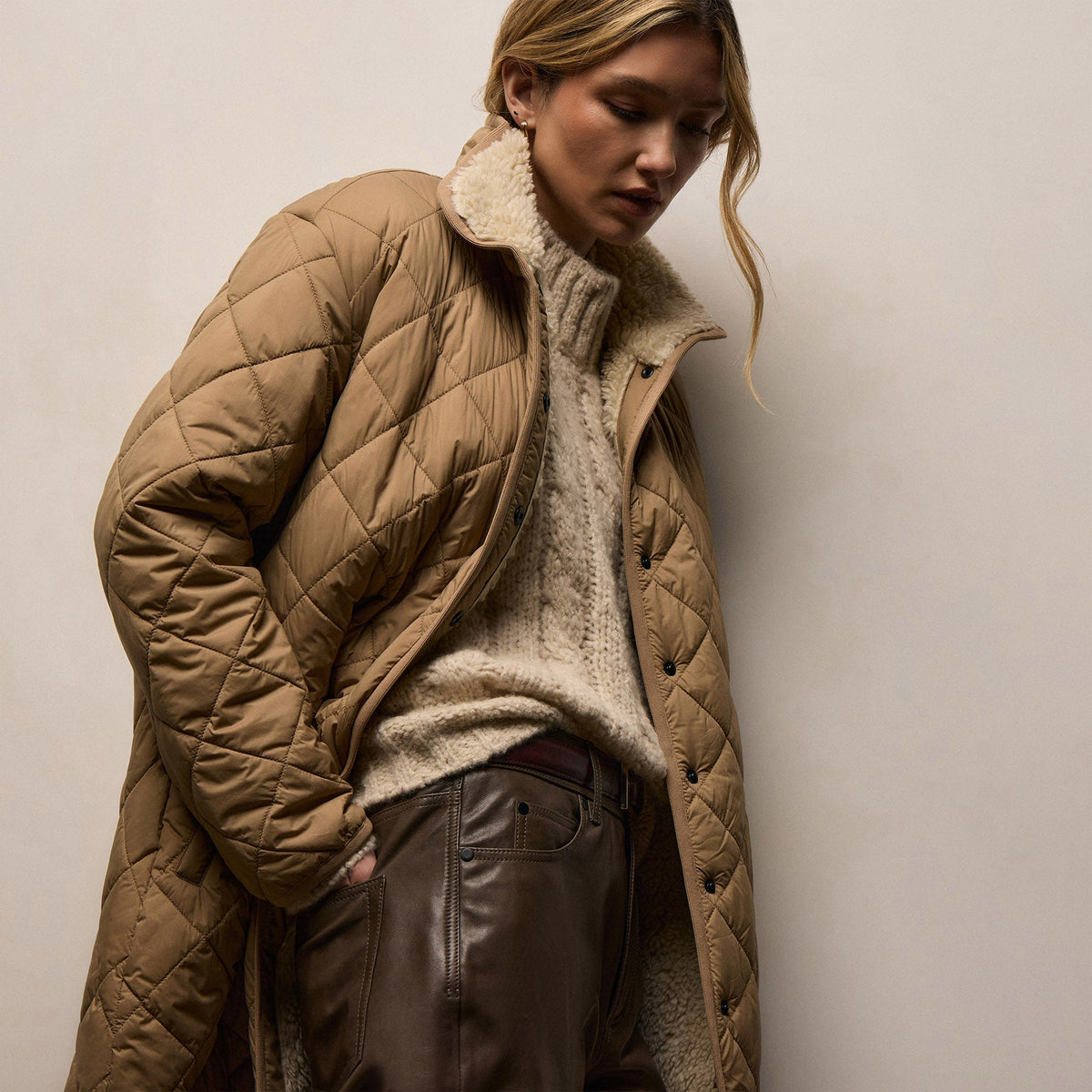 Quilted Nylon Lined Long Coat In Toffee/Ivory | James Perse Los