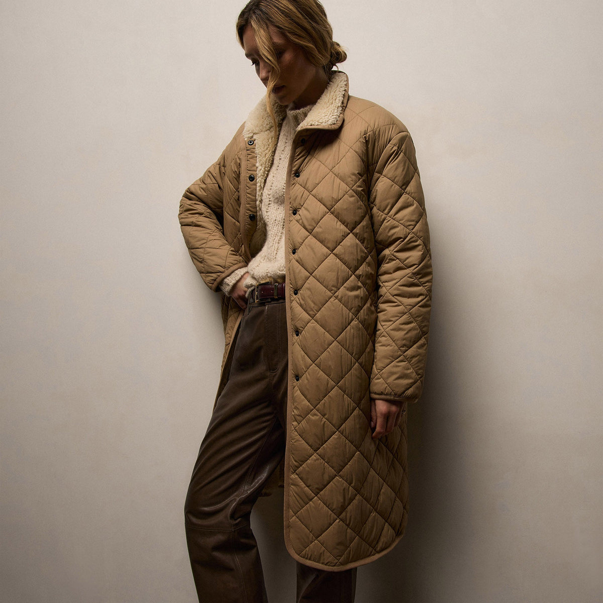 Quilted Nylon Lined Long Coat In Toffee/Ivory | James Perse Los