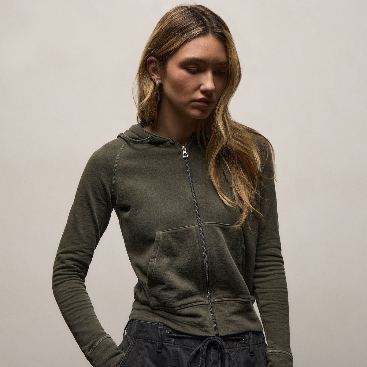 Vintage French Terry Zip Up Hoodie in Army Green Pigment | James