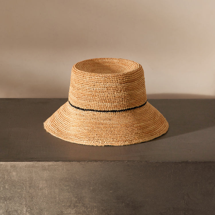 Crochet Bucket Hat with Black Stripe in Natural/Black Stripe | James Perse Los Angeles