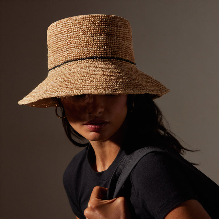 Crochet Bucket Hat with Black Stripe in Natural/Black Stripe | James Perse Los Angeles
