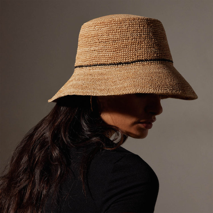 Crochet Bucket Hat with Black Stripe in Natural/Black Stripe | James Perse Los Angeles
