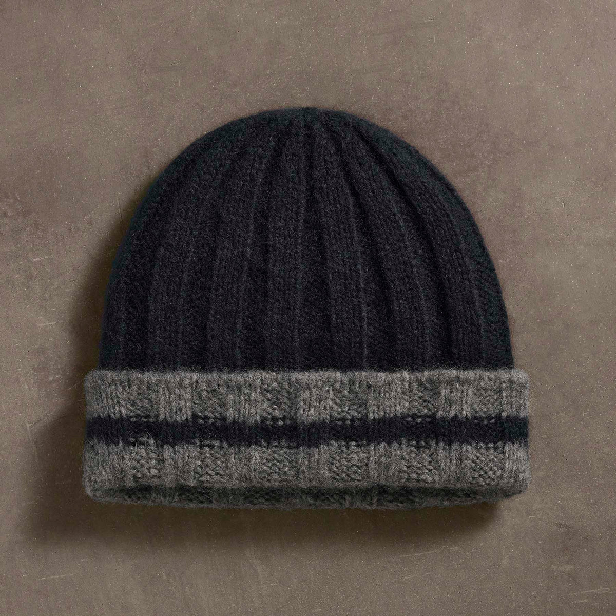 Ribbed knit black striped  beanie hat HAAKWEAR Cuffed Wide Ribbed Striped Beanie / Hat, Black  main image 3