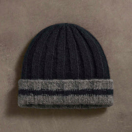 Cashmere Stripe Rib Beanie  in True Black/Thunder | James Perse Los Angeles
