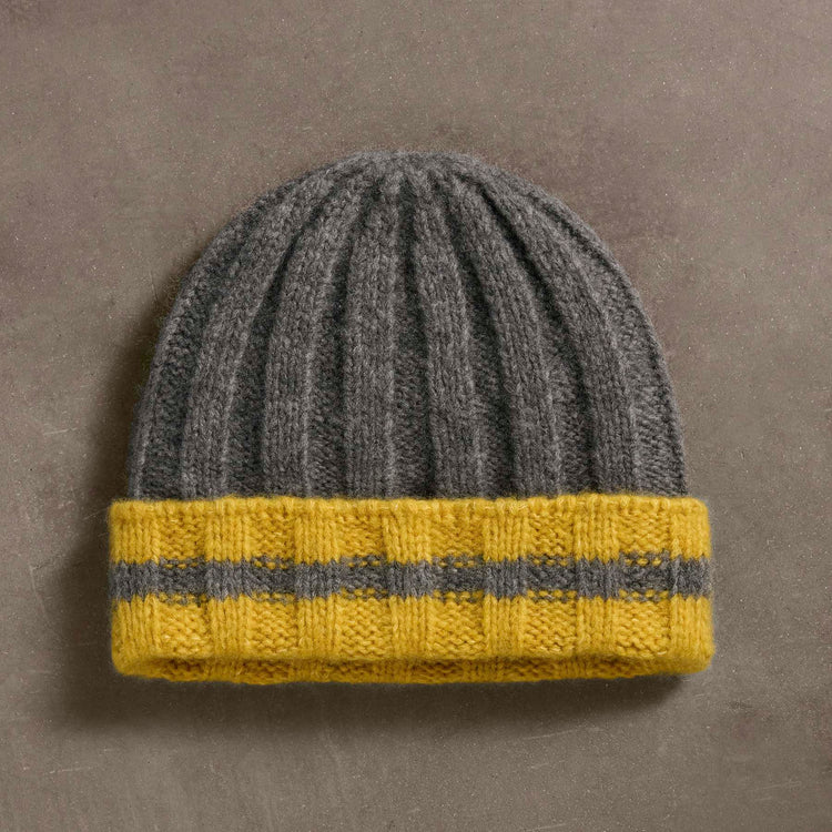 Cashmere Stripe Rib Beanie  in Thunder/Straw | James Perse Los Angeles