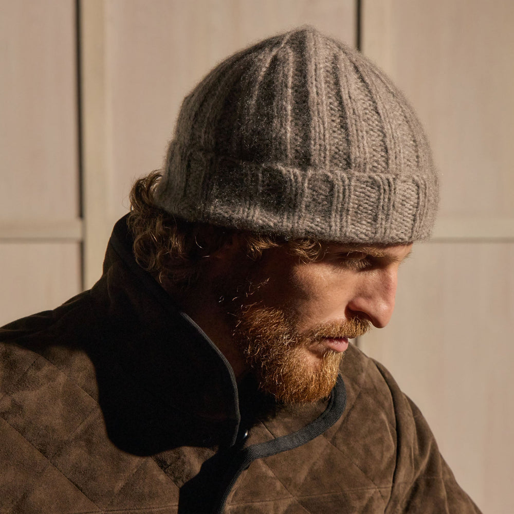 Lightweight Textured Cashmere Beanie in Beige Melange | James Perse Los Angeles / Mens