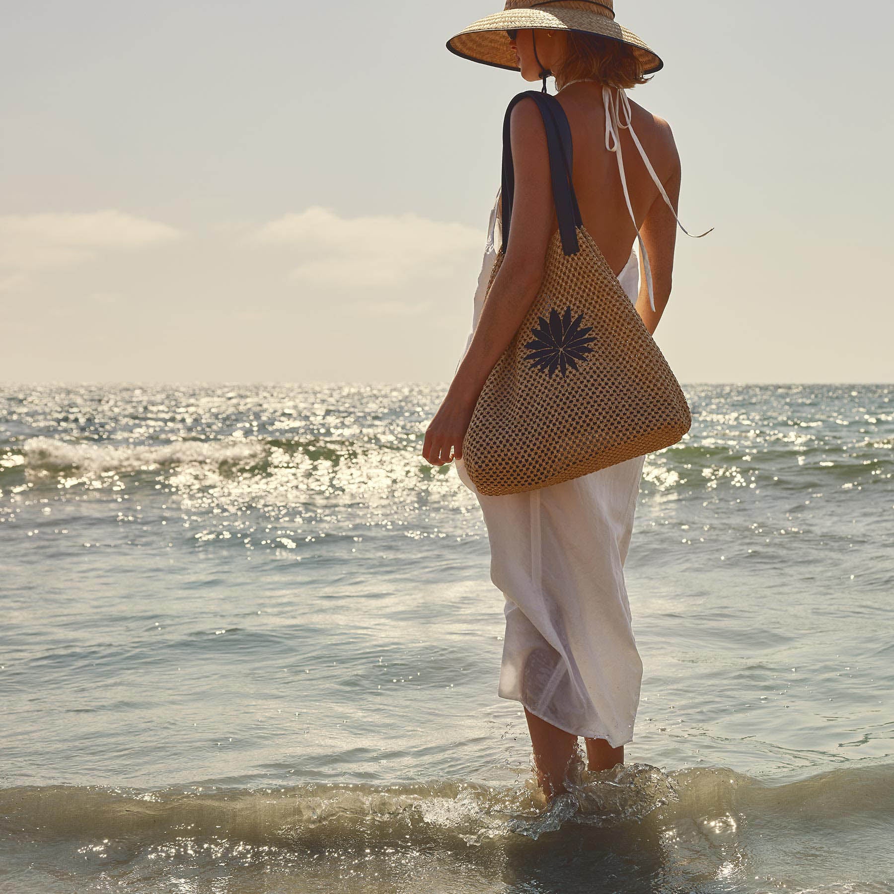 Lotus Raffia Tote in Black Sea | James Perse Los Angeles