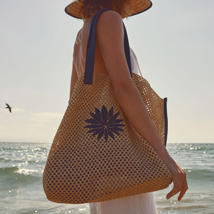 Lotus Raffia Tote in Black Sea | James Perse Los Angeles