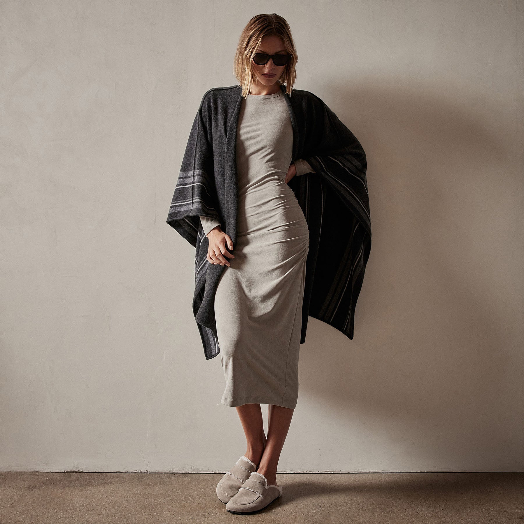 Recycled Cashmere Striped Poncho - Coal | James Perse Los Angeles
