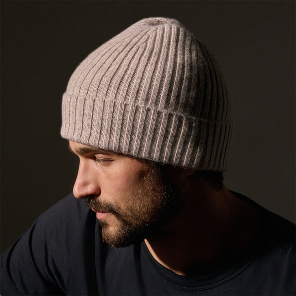 Recycled Cashmere Ribbed Beanie in Stone | James Perse Los Angeles / Mens