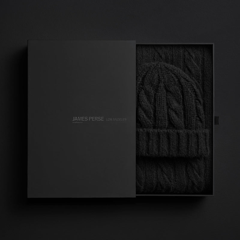 Lightweight Cashmere Cableknit Beanie & Scarf Gift Set In True Black | James Perse Los Angeles