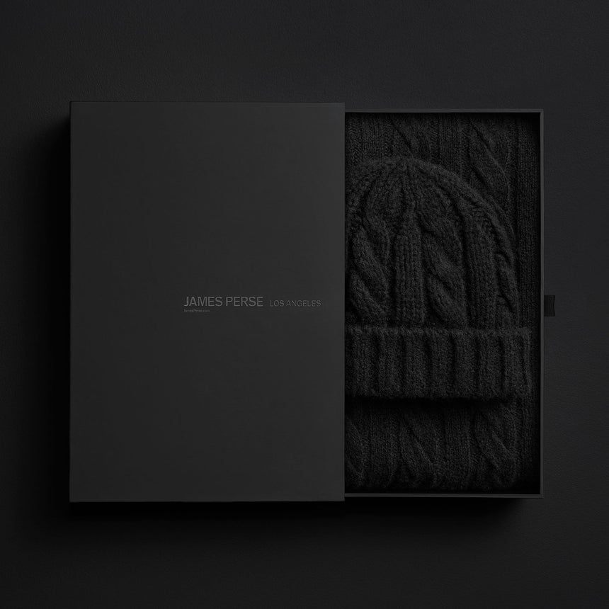 Lightweight Cashmere Cableknit Beanie & Scarf Gift Set In True Black | James Perse Los Angeles