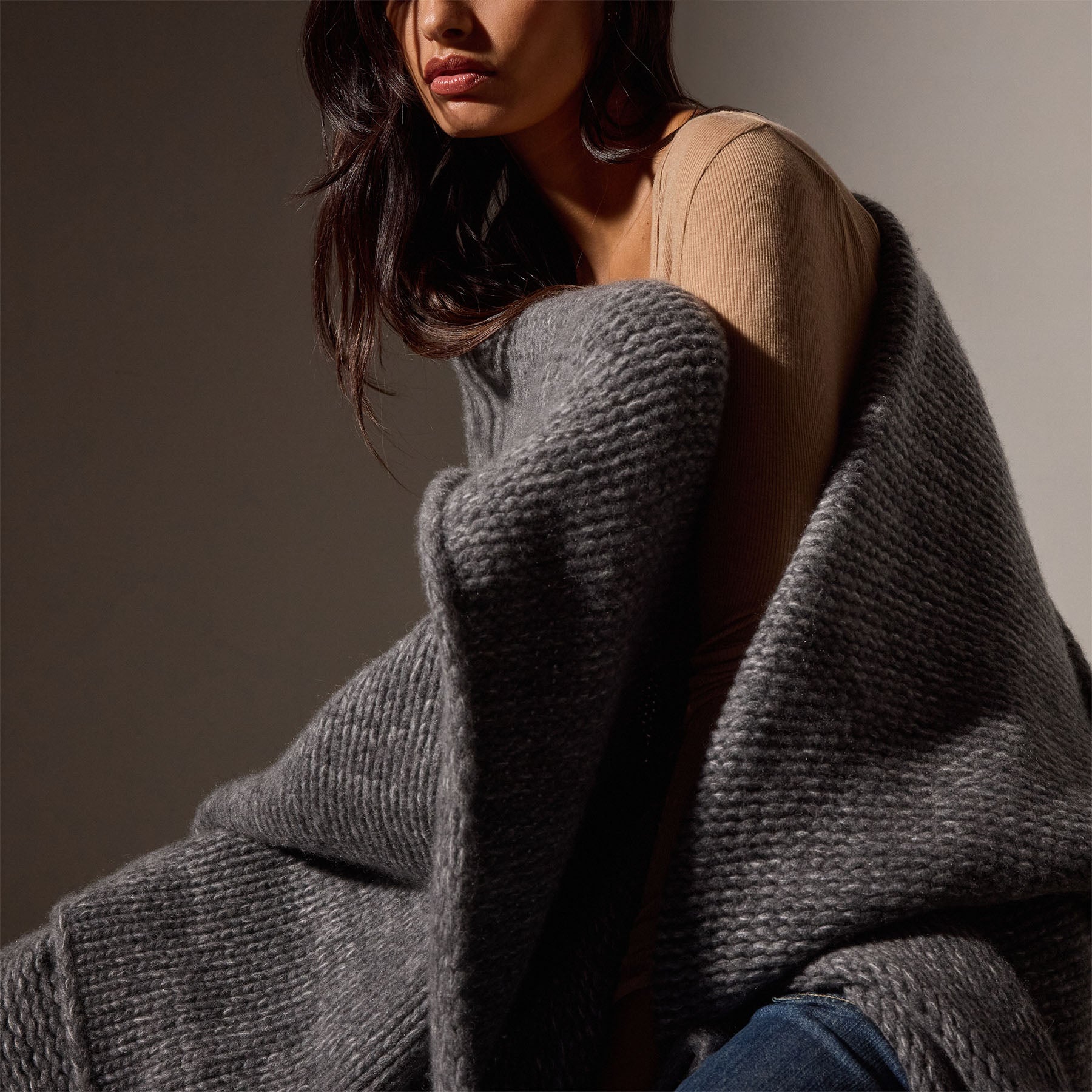 Cashmere Melange Knit Blanket - Charcoal Melange | James Perse Los Cashmere Melange Knit Blanket - Charcoal Melange | James Perse Los