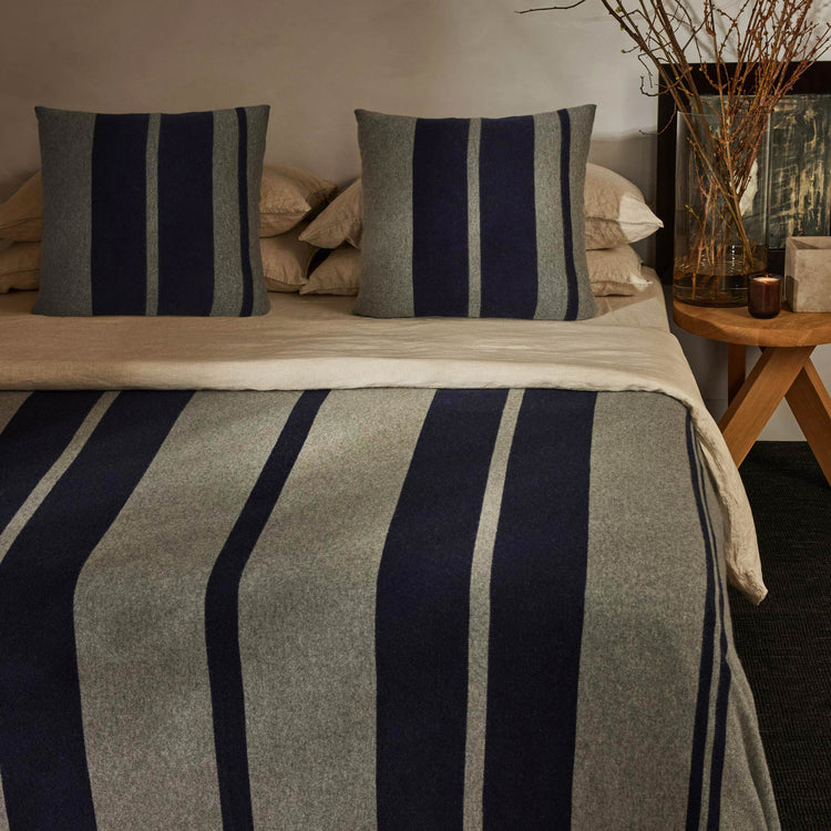 Cashmere Stripe Knit Blanket in Heather Grey/Navy | James Perse Los Angeles
