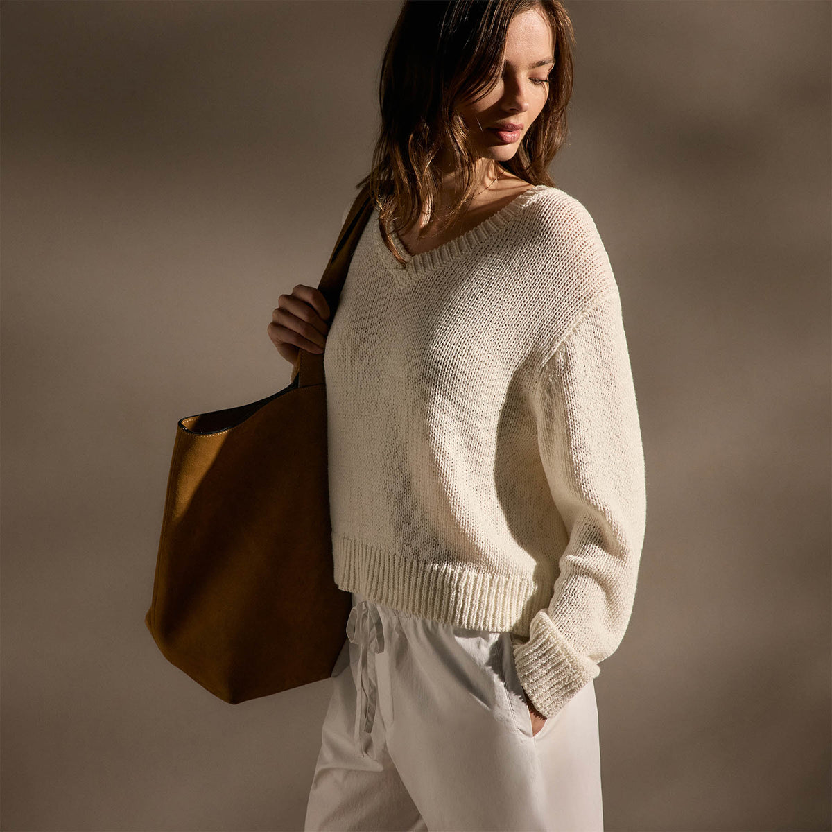Cotton Linen V Neck Boxy Sweater In Off White | James Perse Los Angeles