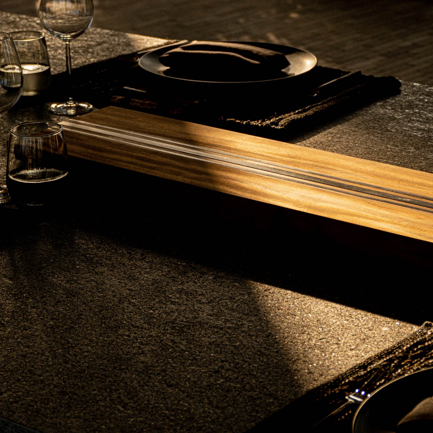 9X30" Teak Serving Board in Teak/Natural Finish with Triple Stripe | James Perse Los Angeles