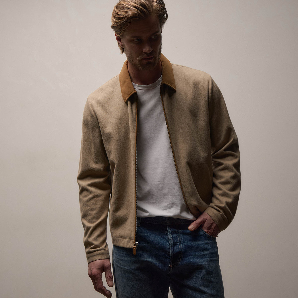 Brushed Cotton Jacket in Soft Beige/Whiskey | James Perse Los Angeles
