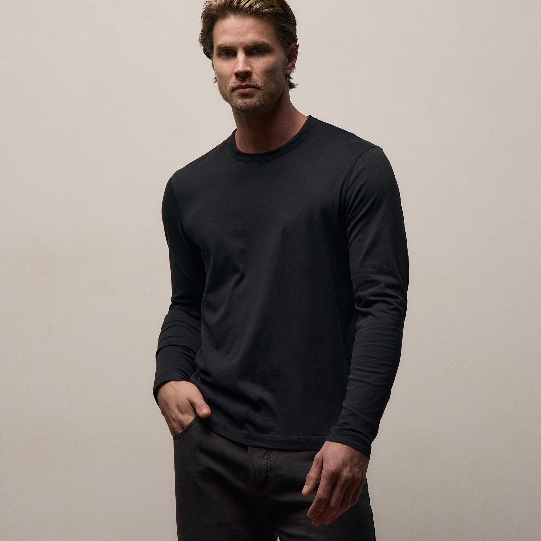Brushed Lotus Long Sleeve Crew in Black | James Perse Los Angeles