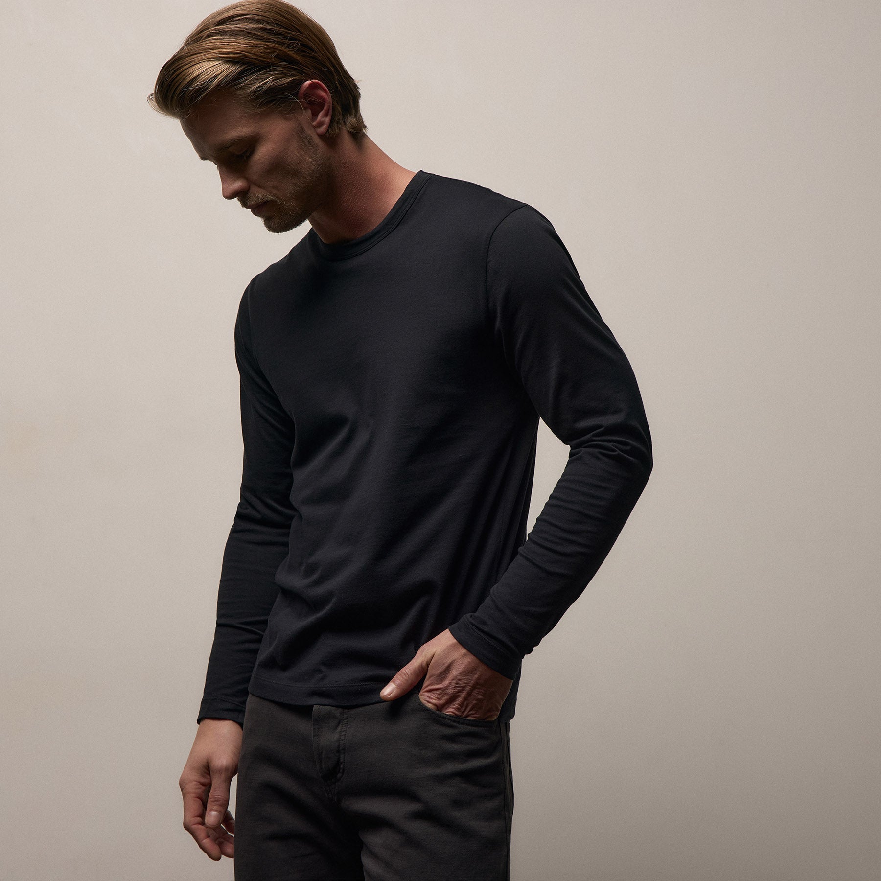 Brushed Lotus Long Sleeve Crew in Black | James Perse Los Angeles