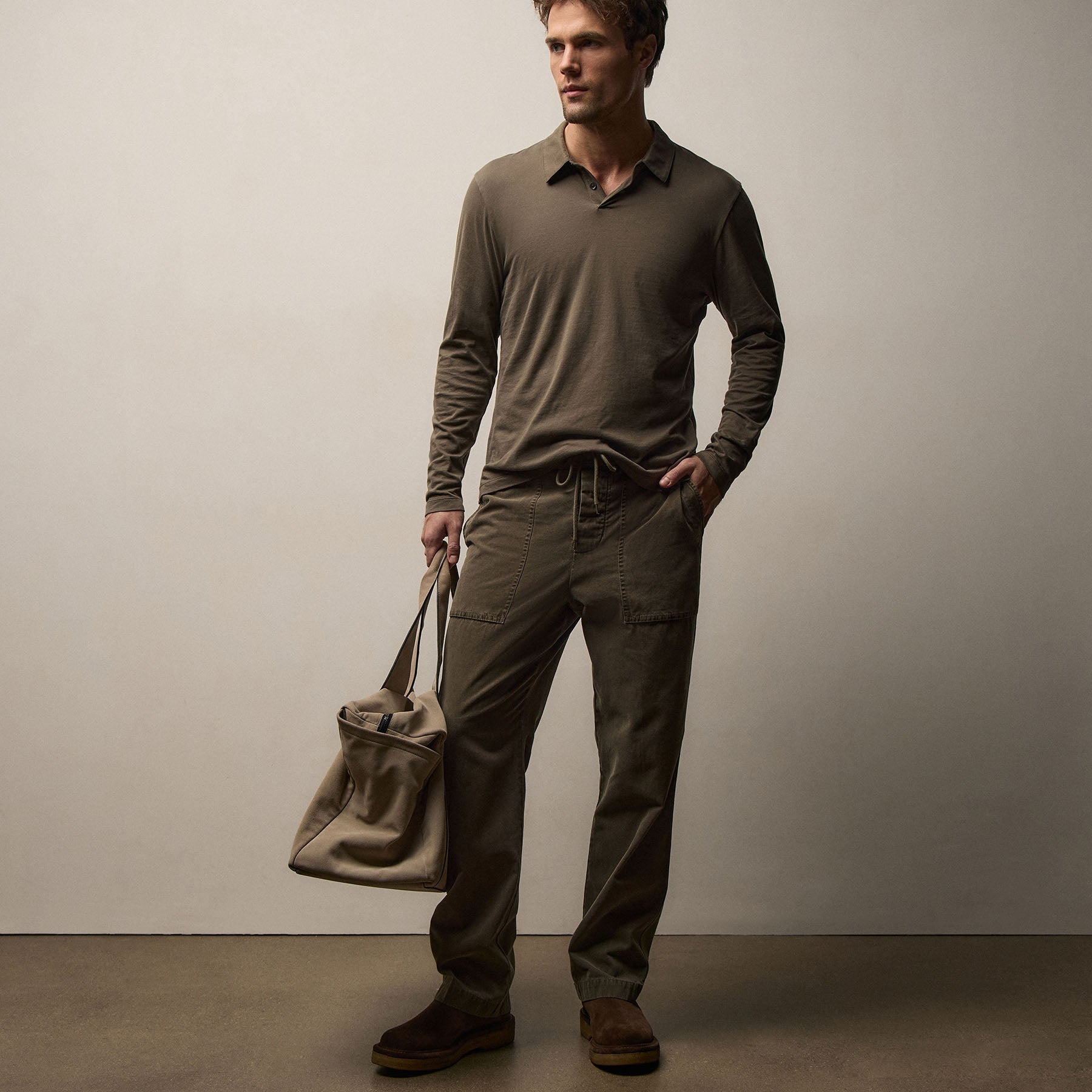 Brushed Lotus Long Sleeve Polo in Army Green | James Perse Los Angeles