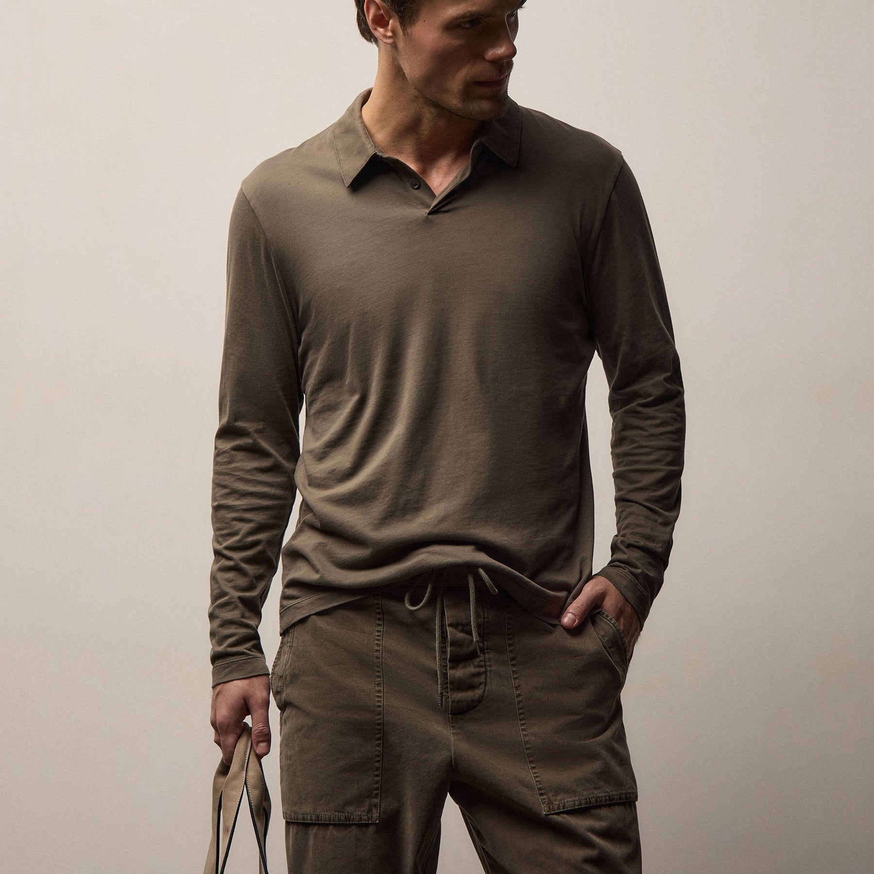 Brushed Lotus Long Sleeve Polo in Army Green | James Perse Los Angeles