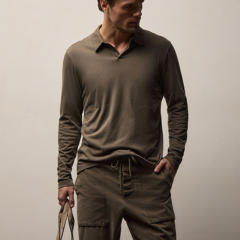 Brushed Lotus Long Sleeve Polo in Army Green | James Perse Los Angeles