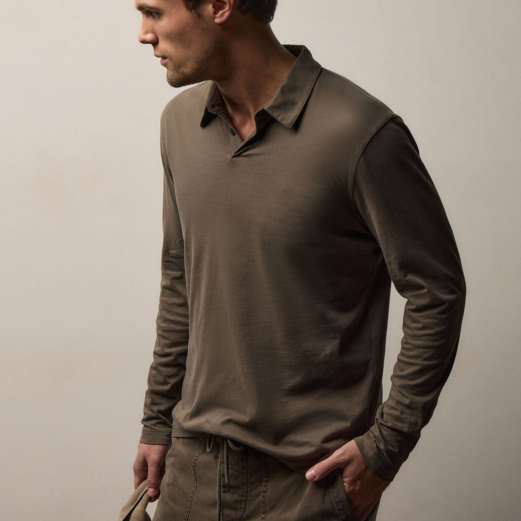 Brushed Lotus Long Sleeve Polo in Army Green | James Perse Los Angeles