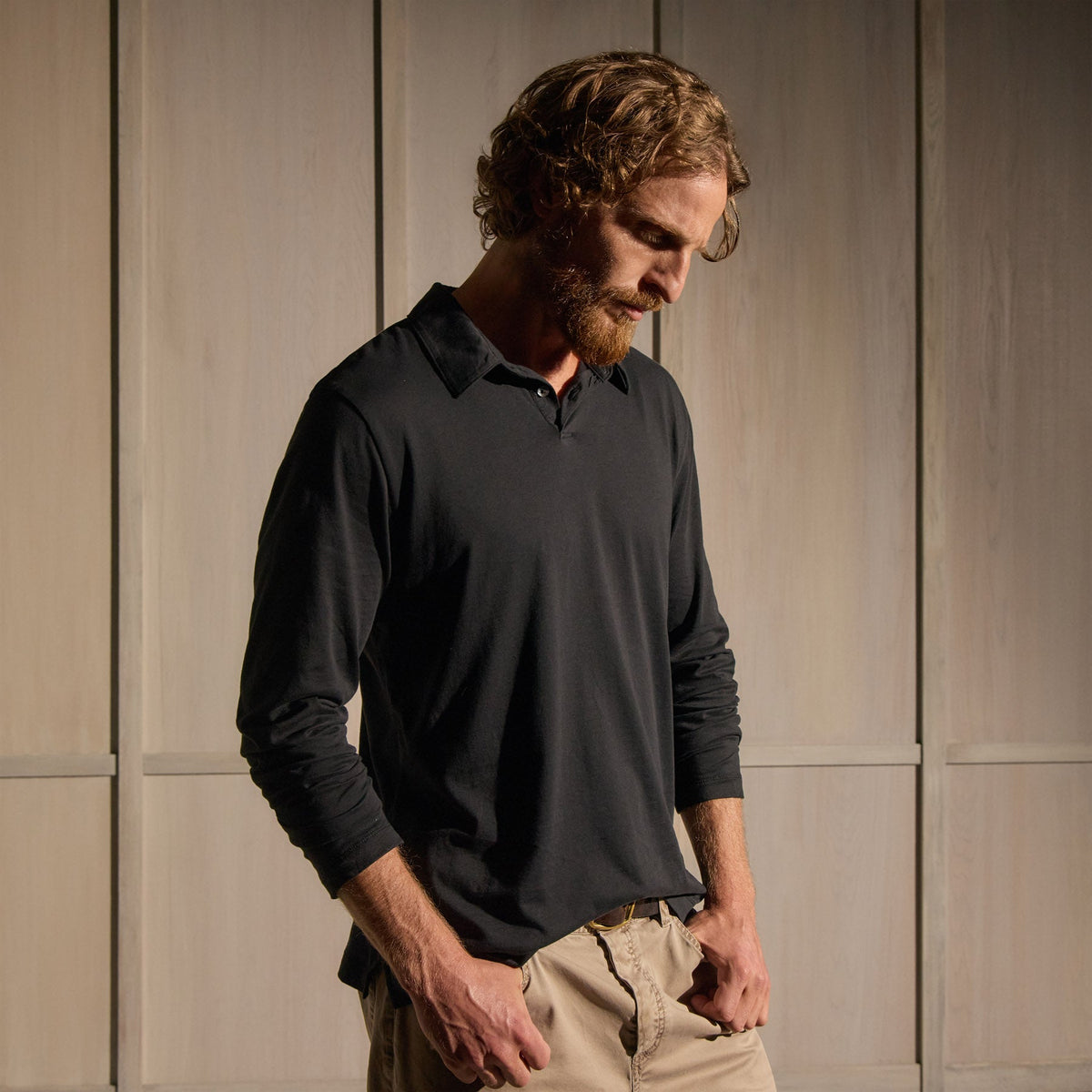 Brushed Lotus Long Sleeve Polo in Black | James Perse Los Angeles