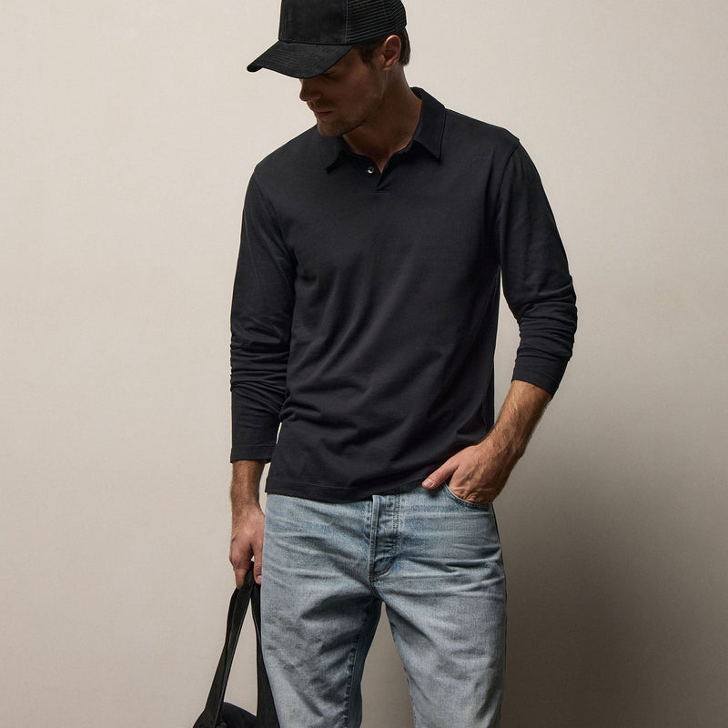 Brushed Lotus Long Sleeve Polo in Black | James Perse Los Angeles