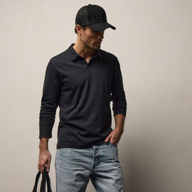 Brushed Lotus Long Sleeve Polo in Black | James Perse Los Angeles