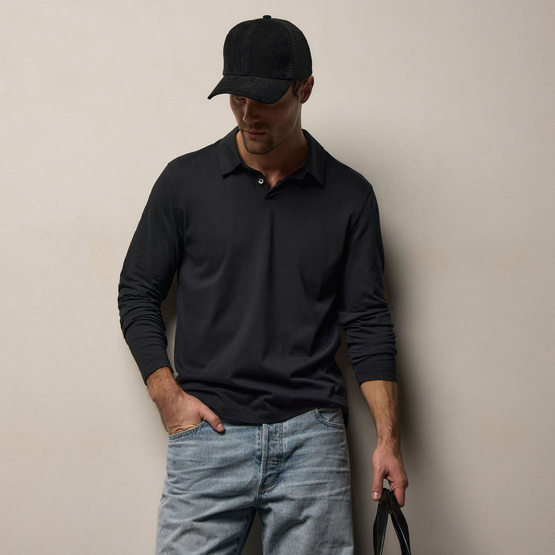 Brushed Lotus Long Sleeve Polo in Black | James Perse Los Angeles
